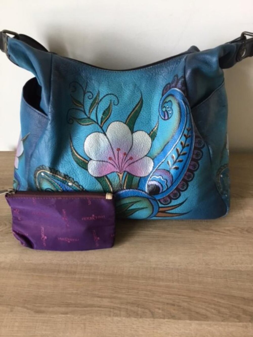 Anuschka Teal Floral Shoulder Bag with Pink and Blue Accents and Makeup Bag - Picture 3 of 14